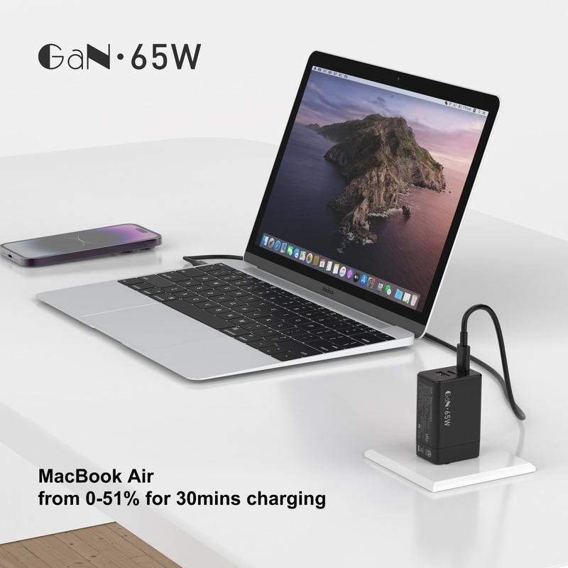 For Laptop Charger , 65W GaN 3 Port USB C Power Adapter With Type C Charging Block For IPhone16/15/14/13, MacBook, IPad, Galaxy