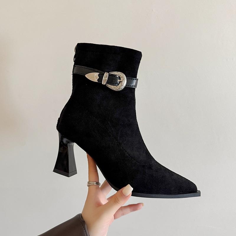 Korean version pointed thick heel belt decorative elastic thin boots large size autumn new black high heel suede short boots