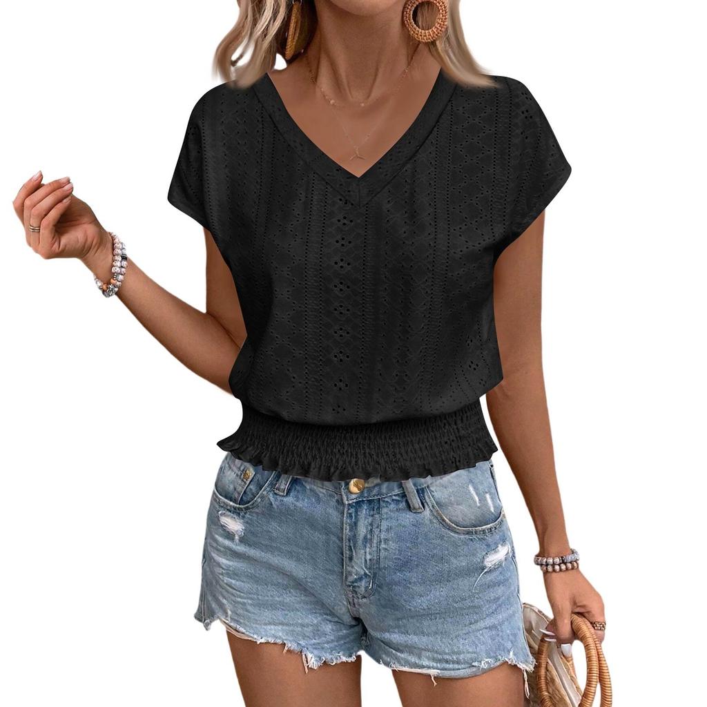 Women's Fashion V-neck Solid Color Hollow Short Sleeve Top T-shirt Summer