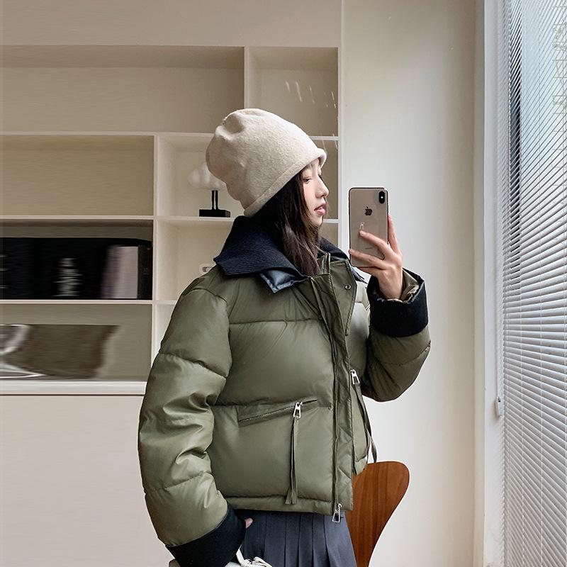 Knitted lapel short down cotton-padded jacket for women's winter thickened PU leather splicing cotton-padded jacket