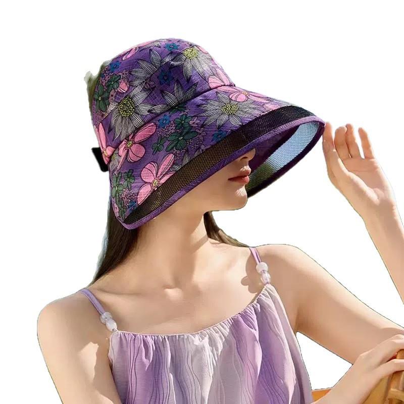 Empty Top Breathable Sun Hat Women'S Sun Protection Uv Protection Bucket Hat Mesh Yarn Ethnic Style Printing Hat Versatile