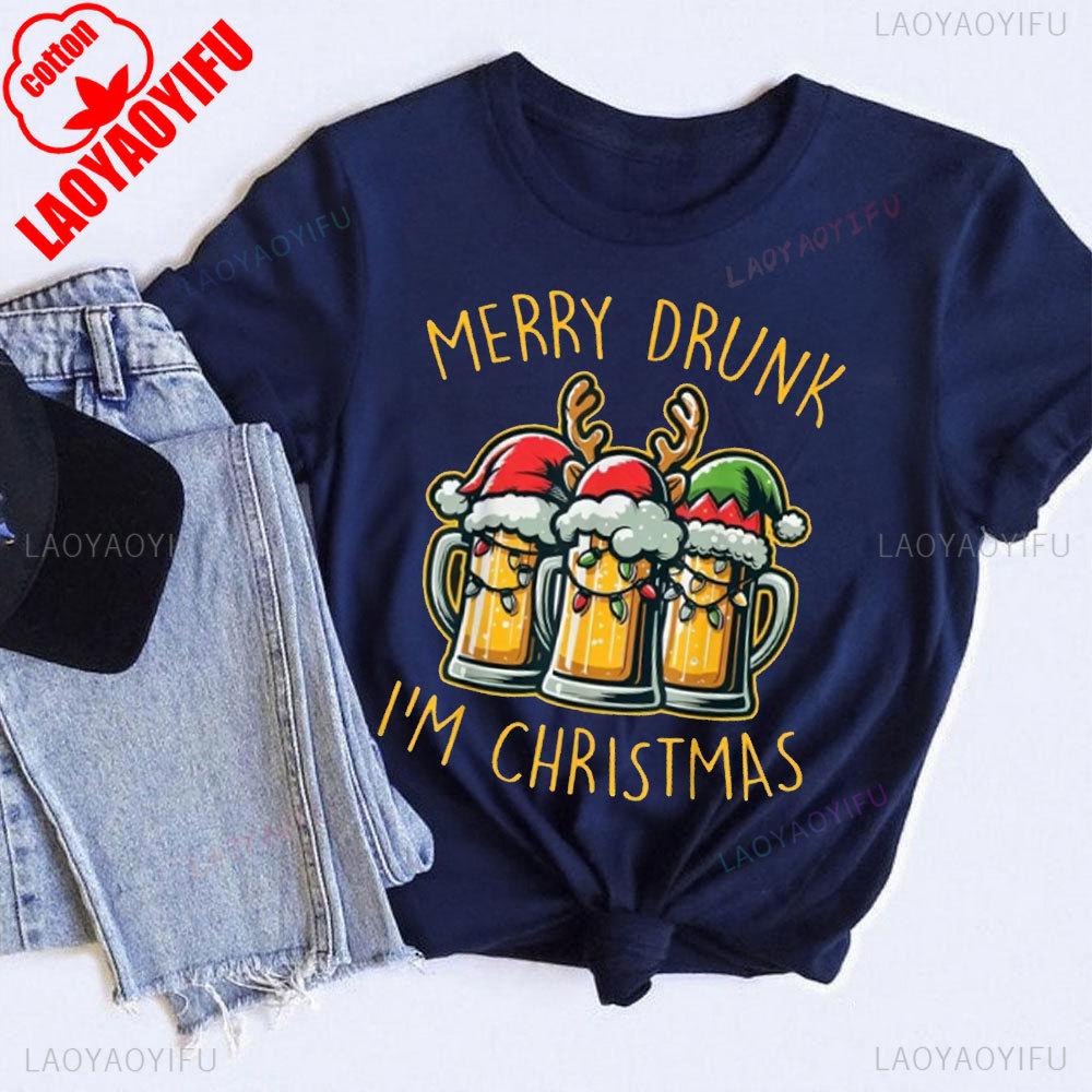 Funny Christmas BeerThemed TShirt Merry Drunk Im Christmas Graphic with Mug Design  Black  Golden Holiday Party Shirt S