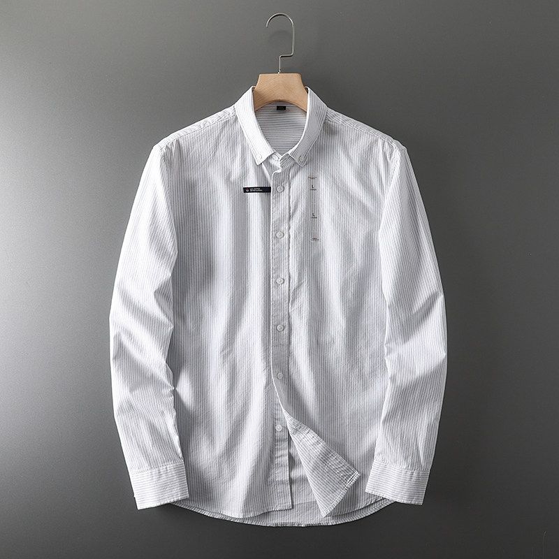 Foreign Trade Original Order Label Cutting Export Original Order Cattle Goods Men Pure Cotton Pure Color Stripes Stand Collar Casual Long Sleeve Shirt White Stripe Color 3XL