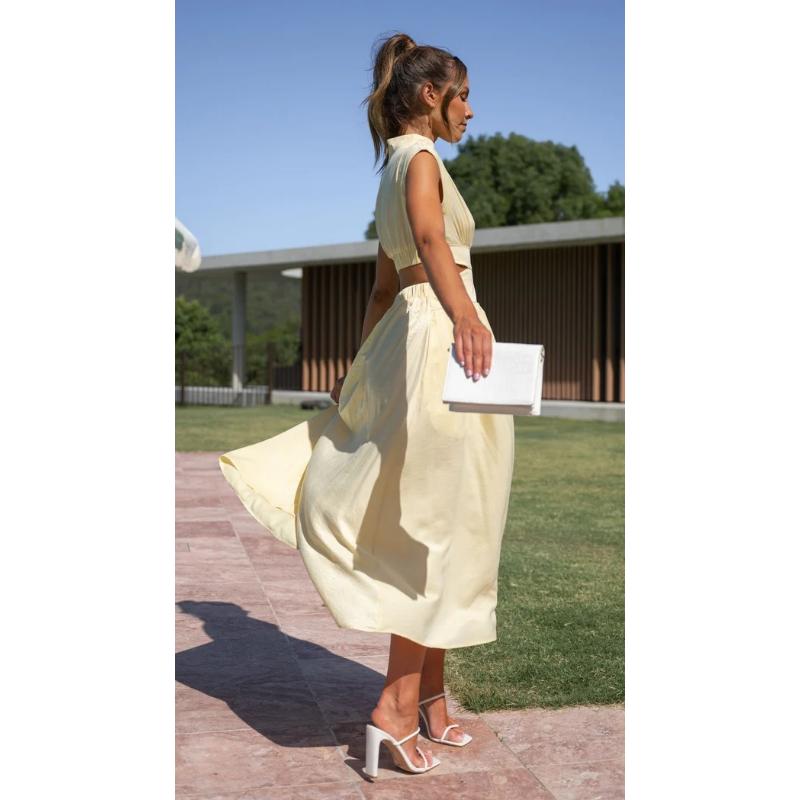 Vestido elegante para mujer, moda informal de verano, Color sólido, sin mangas, vestido sin espalda, vestido largo plisado calado Sexy para mujer