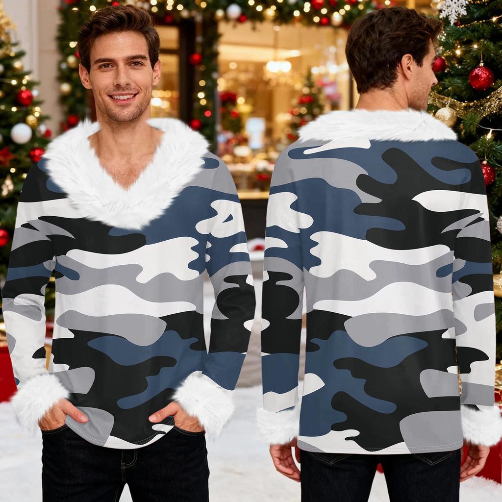 Men's Christmas Printed Fleece Lined Hoodie | Faux Trim Party Sweatshirt With Pocket | Plus Size Loose Fit Holiday Pullover