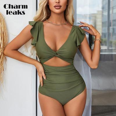 Ruffle One Piece Swimsuits for Women V Neck Ruched Monokini Bathing Suits Beach Surf Wear