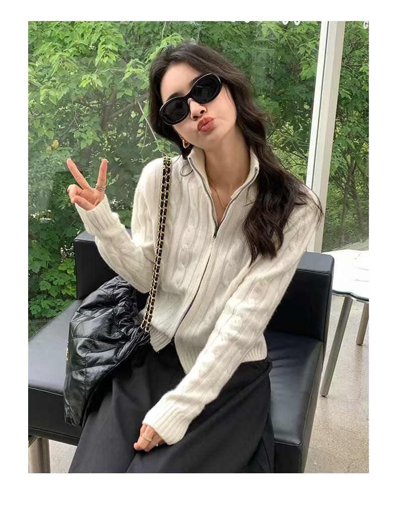 Women's High-Neck 100% Wool Cable Knit Zipper Cardigan - Solid Color Sweater Coat for Autumn/Winter