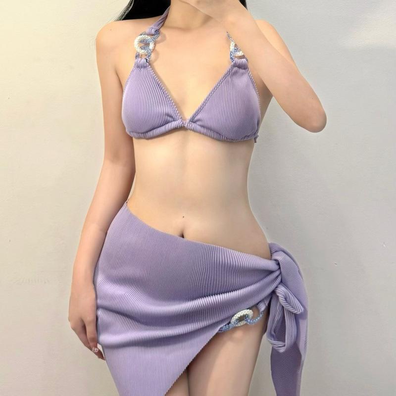New Light Luxury Pure Desire Style Girl Small Chest Hanging Neck Bikini Bikini Skirt Three-piece High-end Swimsuit Women