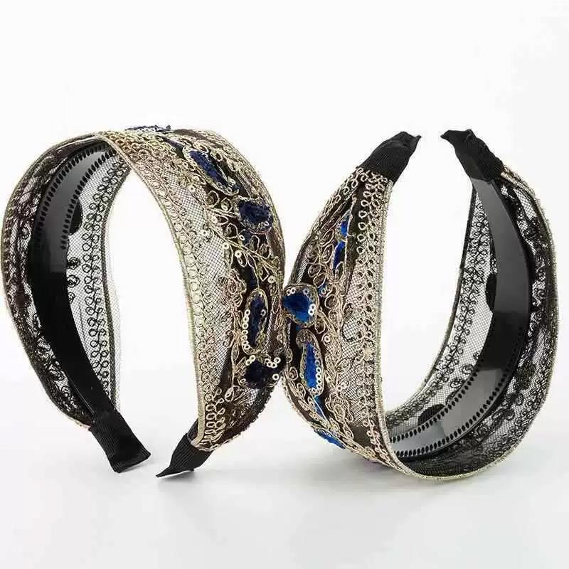 1PC Hollow Lace Flowers for Women Girls with Tooth Fashion Wide Edge Headdress Headband Hair Hoop Sequins Bezel