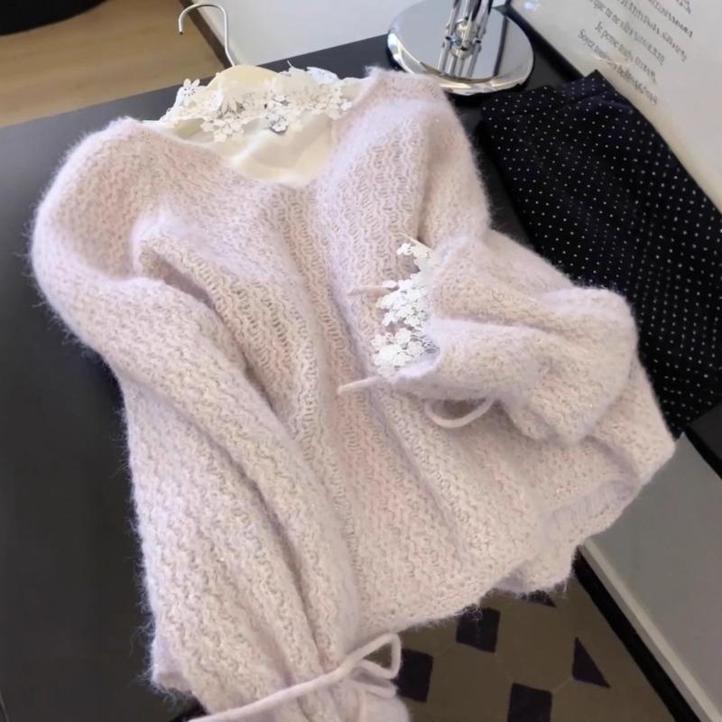Lila Sanfter Stil Dicker Strickpullover für Damen im Herbst und Winter Koreanischer Stil Locker Weich Wachsig Langarm V-Ausschnitt Oberteil Trendig