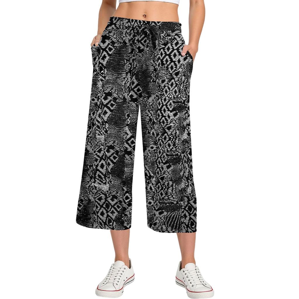 Damen Sommer Hohe Taille Bedruckte Freizeit-Sportbekleidung Lässige Cropped-Hose Weite Hose