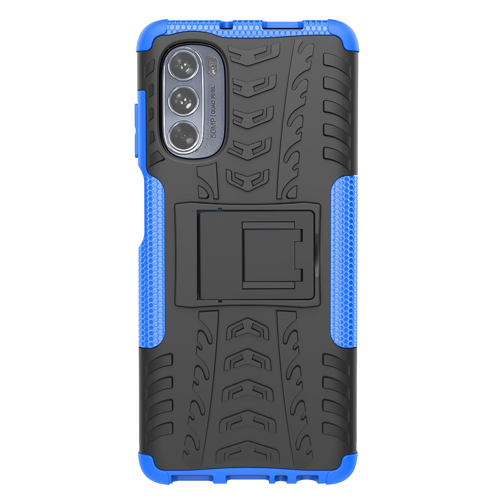

For Motorola Moto G62 5G Dustproof PC+TPU Kickstand Back Cover Tyre Pattern Shockproof Phone Case Blue