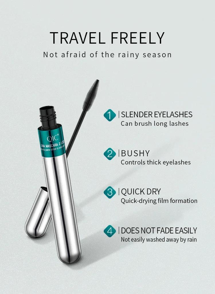 QIC Double Effect 4D Mascara Waterproof Long Curl Natural Thick Eyelash 2-in-1 Black Mascara with 2 Brush Heads