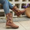 Embroidered Cowboy Boots for Women Western Cowgirl Round Toe Boots Chunky Heel Pull On Dress Mid-calf Boots Women's Low Block Heeled Short Booties