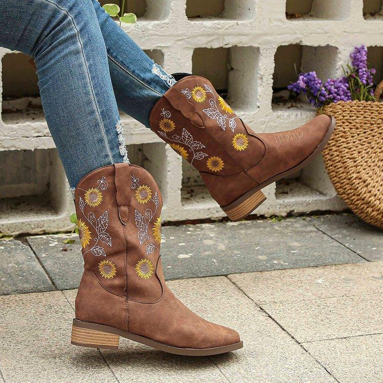 Embroidered Cowboy Boots for Women Western Cowgirl Round Toe Boots Chunky Heel Pull On Dress Mid-calf Boots Women's Low Block Heeled Short Booties