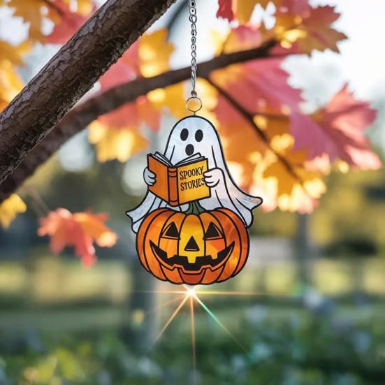 Halloween Suncatcher Stained Glass Window Hanging Light Catcher Ornaments Acrylic Ghost Black Cat Craft for Wall Window Decor