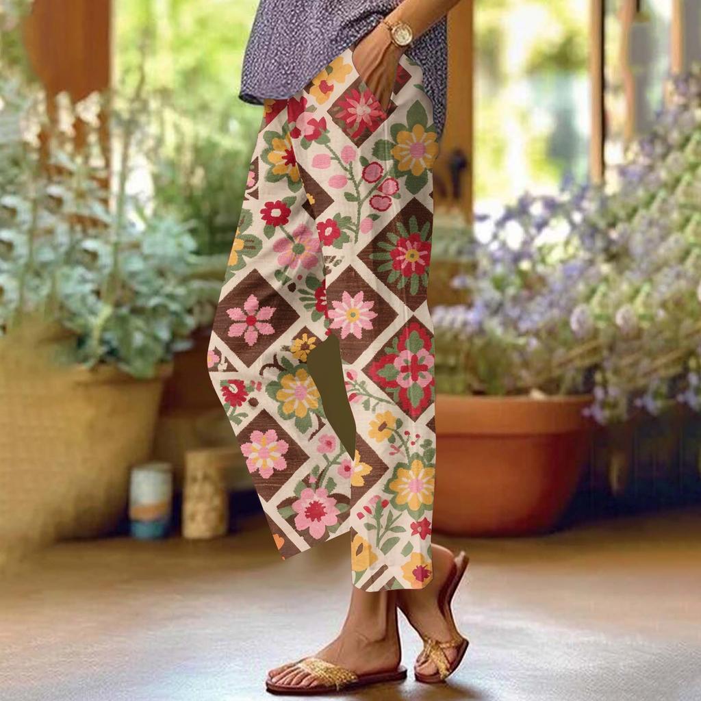 Dámské ležérní módní kalhoty s rovnými nohavicemi s květinovým potiskem, kalhoty s kapsami