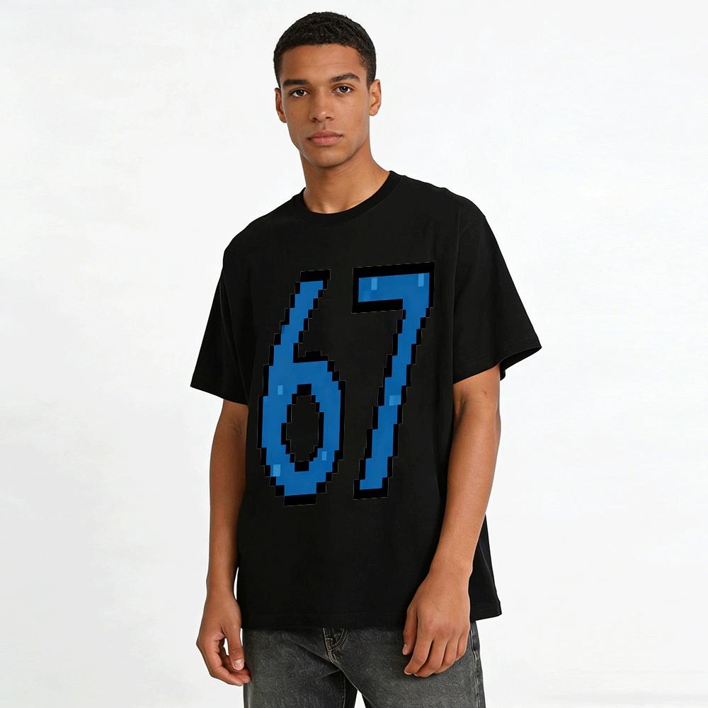 Vintage Pixel Style Number 67 Print Casual Short Sleeve T-Shirt Pure Cotton T-shirt