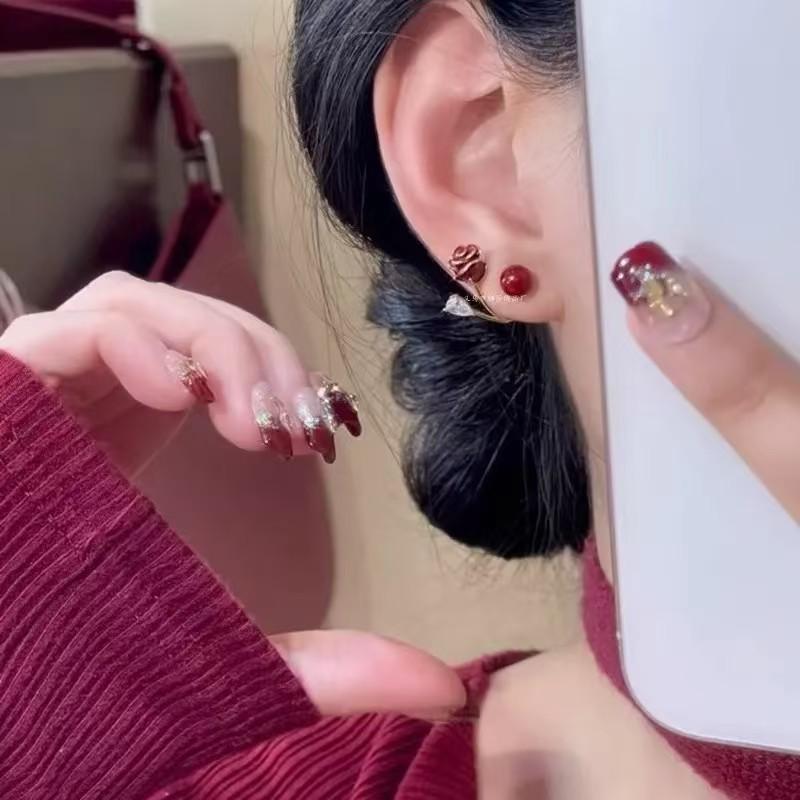 

Guochao Fashionable Rose Bow Earrings, Two-Way Wear, Elegant Niche Ear Jewelry for Women