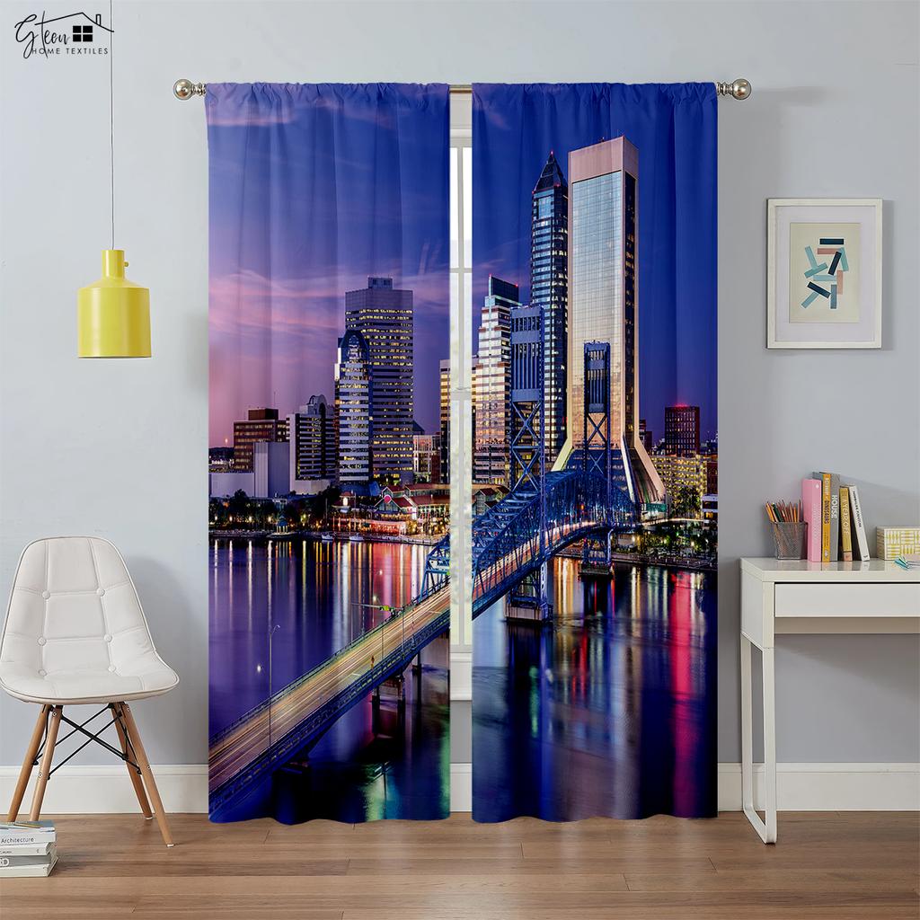 High Quality City Building 3d Printed Curtains Night View Hand-Painted Industrial Style Blackout Heat Insulation Curtains 2PCS