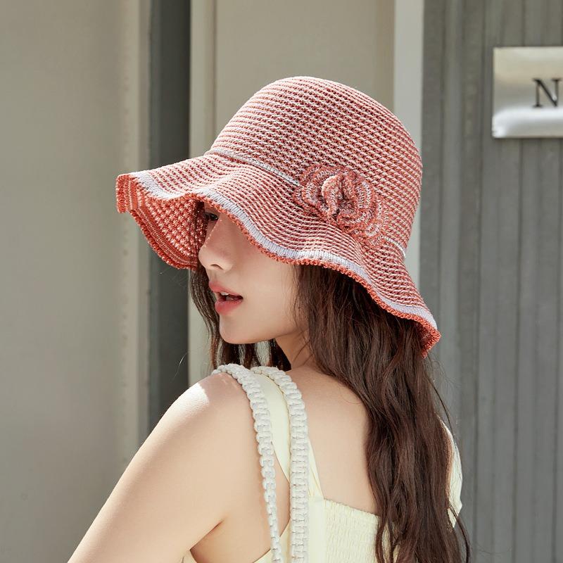 New Knitted Hat Women's Summer Thin Sun Hat Two-color Hollow Wave Hat Handmade Flower Fashionable and Elegant Bucket Hat