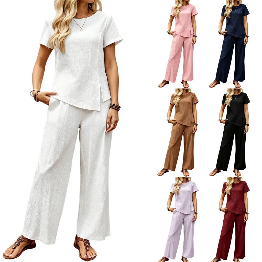 Women's Casual Two Piece Set Loose Fit Pullover Short Sleeve Top and Wide Leg Pants Lounge Wear Set for Daily Use