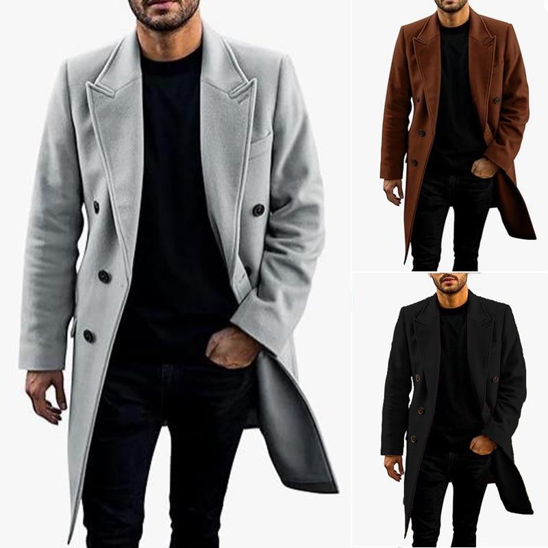 Men s European Style Double-Breasted Thick Woolen Long Coat, Plus Size, Cross2024 Collection M
