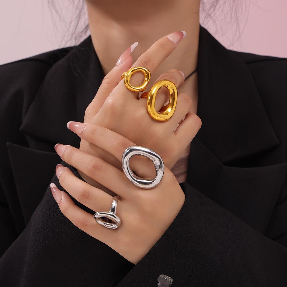 316L Stainless Steel Gold Plated Big Ring for Women Oval Hollow Personality Ring Female Luxury Waterproof Zircon