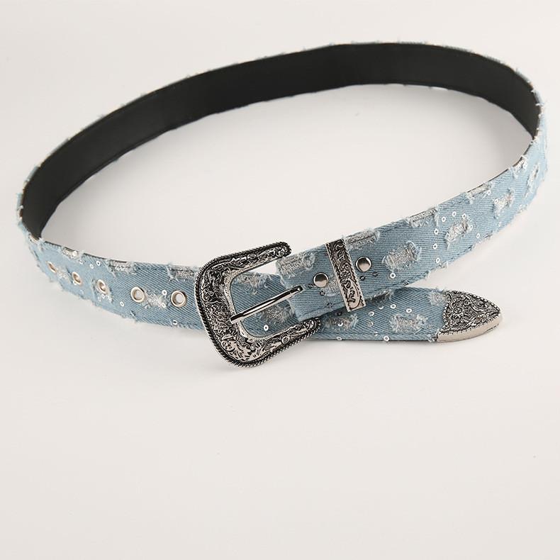 Cloth Retro Denim Carved Buckle Blue Waistband Adjustable Fit Fabric Material