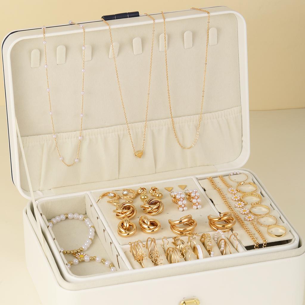 48Pz/Set Collana Orecchini Bracciale Anello Vintage Elegante Per Donna Moda Perla Zircone Fiore Cuore Ciondolo Colore Oro Gioielli