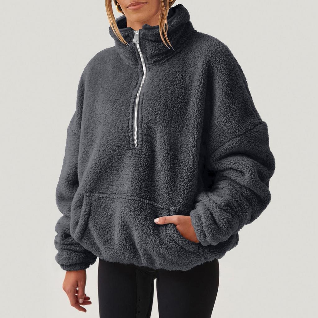 Women's Plush Sweatshirt Womens Fashion Casual Long Sleeve Pocket Drawstring Hooded Zipper Thick Pullover Sweatshirt