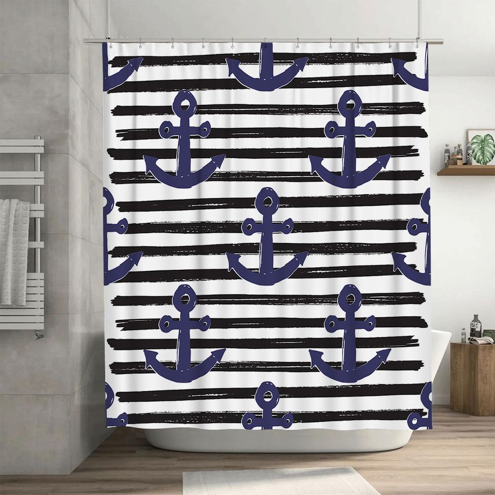 Nautical Blue White Anchor Shower Curtain With Black Stripes Home Decor Bathroom Accessories Set For Kids' Bathrooms Easy Instal