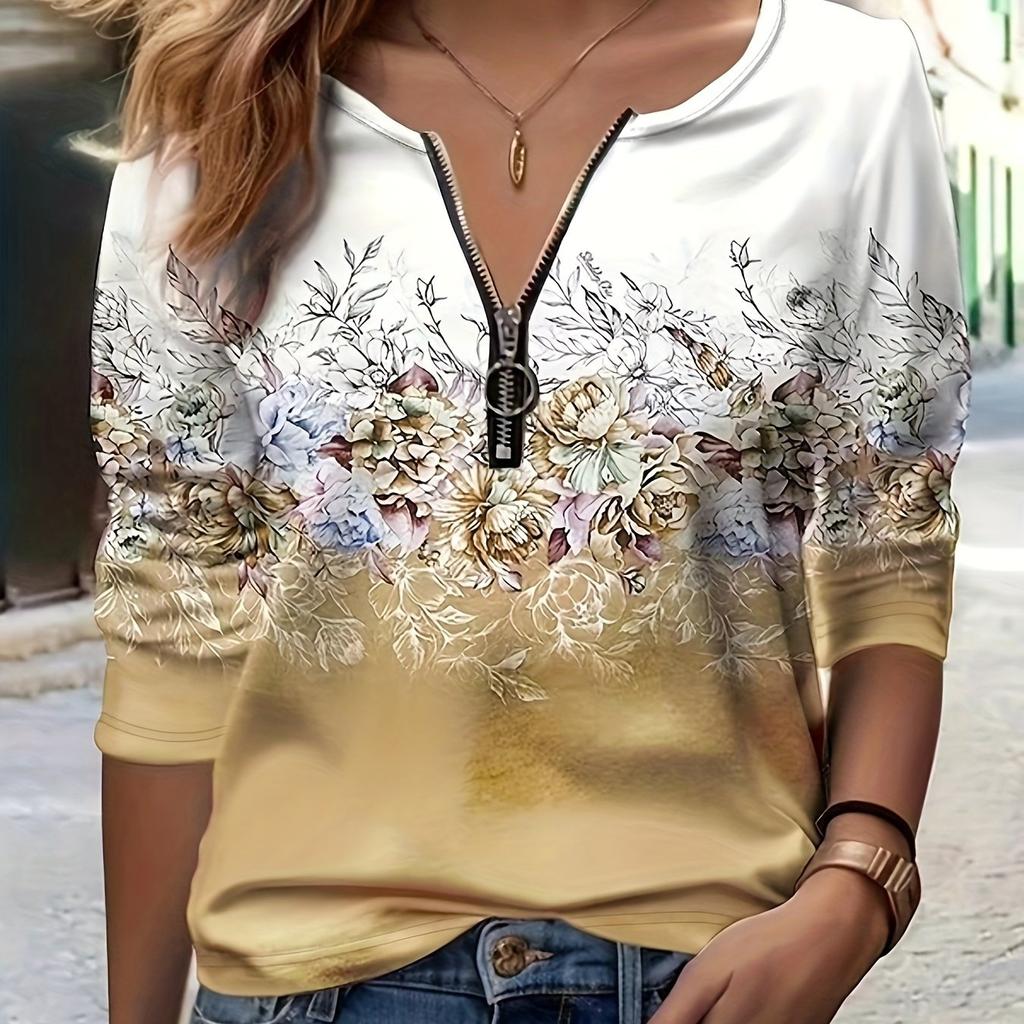 Vibrant Floral Print Long Sleeve Zip-Up T-Shirt - Soft, Breathable, Relaxed Fit for Spring & Fall - Womens Casual Wear for Everyday Comfort
