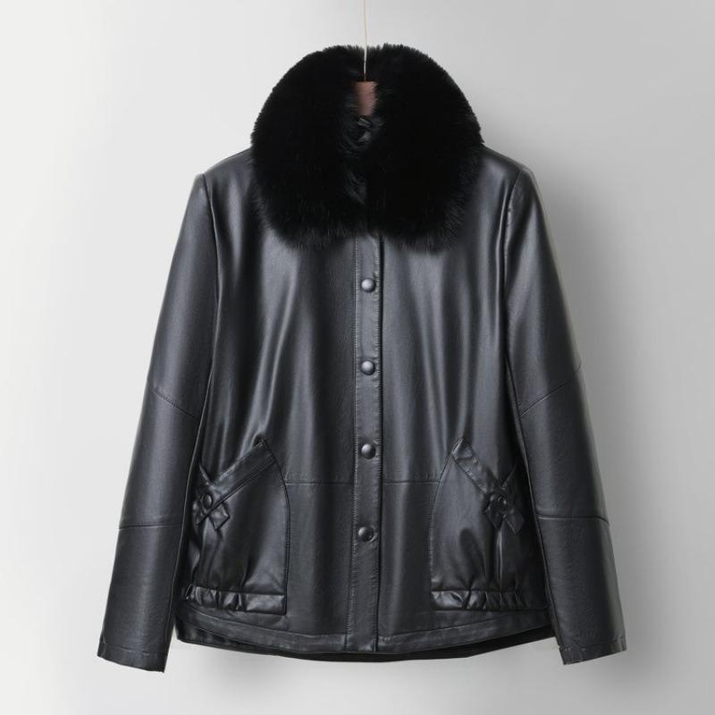 

Middle-aged and Old Women s Autumn and Winter Coat Fleece Thickened Leather Jacket Women s Fur Collar Leather Jacket Noble Women s Leather Jacket 1XL [recommended 80-50kg] чёрный