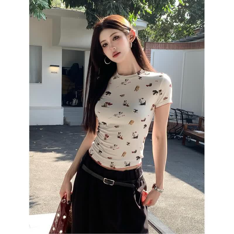 Zose Women s Cat Dog Print Slim T-shirt One Size