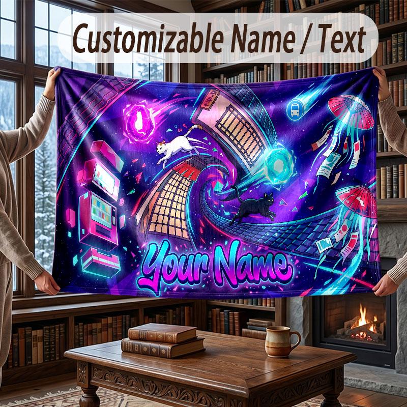 City Cyberpunk Theme Throw Blanket Custom Name Text Personalized Blanket Soft Cozy Blanket for Home Sofa Bed