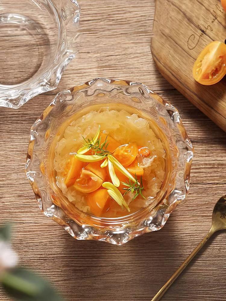 Vertical Lace Transparent Glass Bowl - Decorative Dessert Salad Breakfast Bowl for Syrup Oatmeal - Elegant Dim Sum Serving Dish