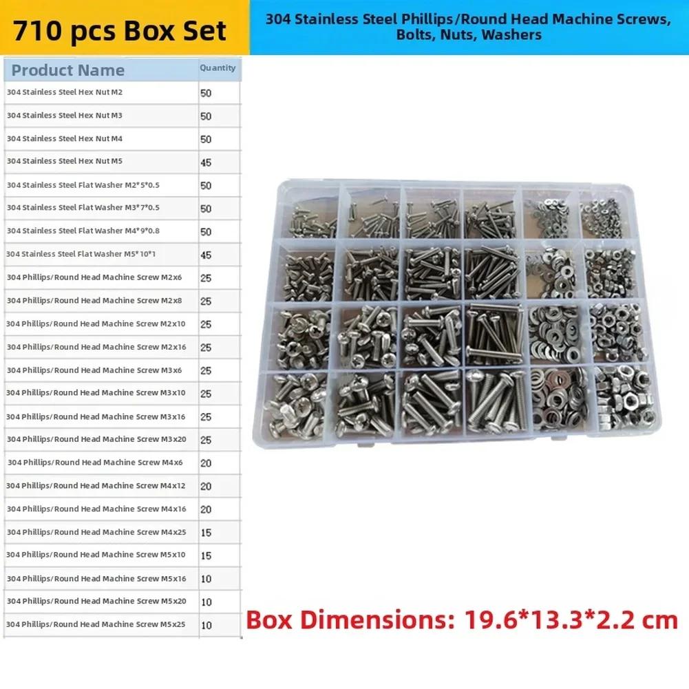 304 Stainless Steel 710 Piece Screw Bolt Nut and Washer Collection Round Head Screws for Workshop Organization