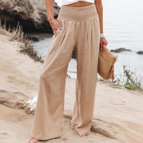 Women Pants Pleated Elastic Waist Straight Wide Leg Long Trousers with Pockets Pure Color Loose Fit Summer Lounge Pants
