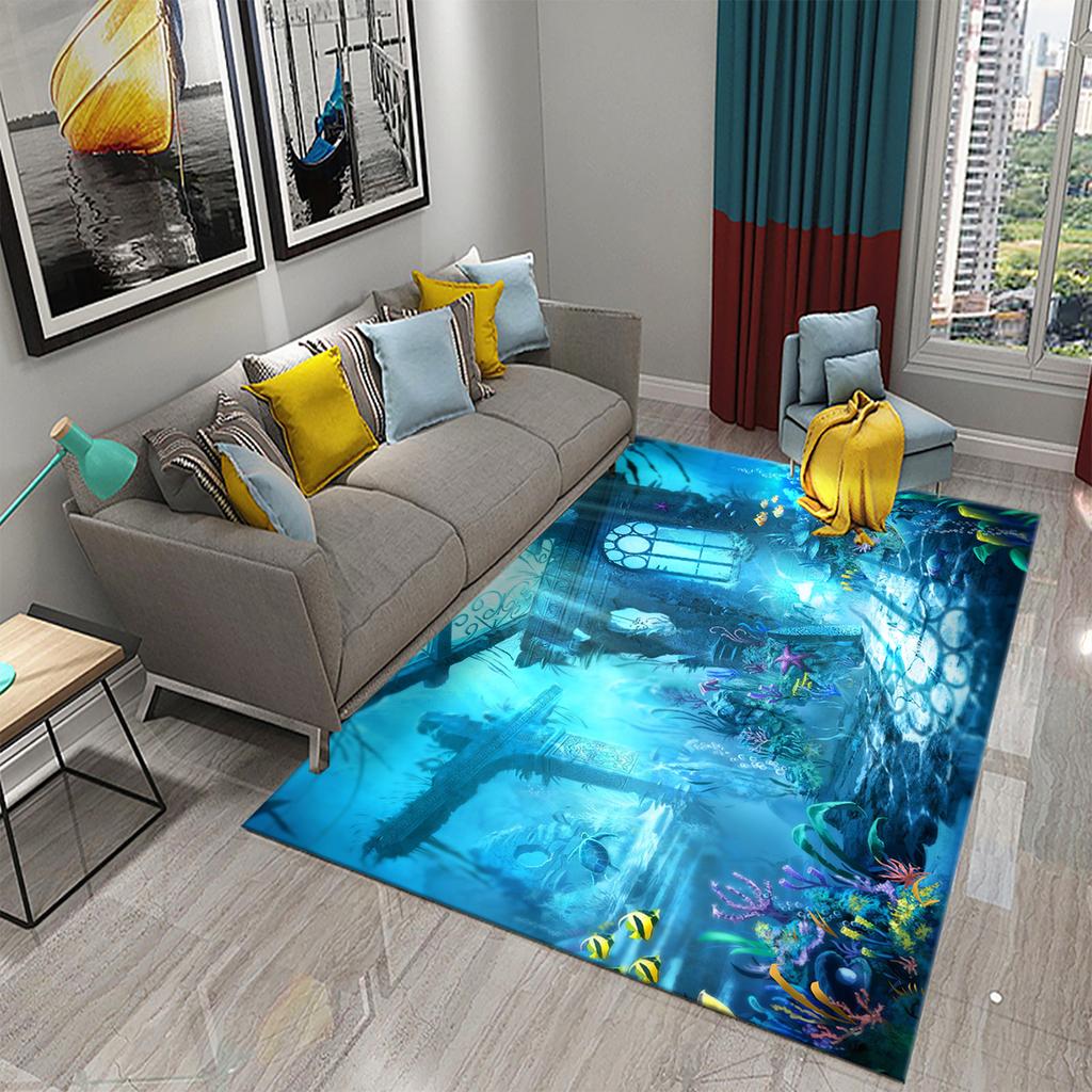 Underwater World Ocean Theme Carpet Cute Dolphin Octopus Sea Turtle Pattern Anti-slip Floor Mat for Living Room Bedroom Bathroom