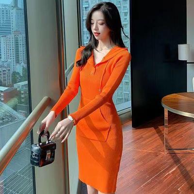 Mode Neue Frühling Herbst Schlank Retro Design Casual Mit Kapuze frauen Taille-länge Slim Fit und Hüfte Gestrickte Kleid frauen
