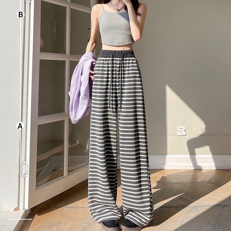 High-Waist Retro Striped Wide-Leg Pants with Drawstring - Women's Casual Floor-Length Knit for Autumn and Spring