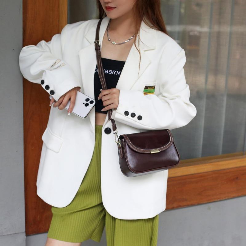 Vegetable Tanned Cowhide Small Bag Genuine Leather Women's Bag Fashion Vintage Single Shoulder Crossbody Color Head Layer Cowhide