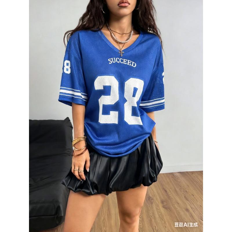 Einfarbige Nummer Buchstaben Aufdruck Persönlichkeit T-Shirt V-Ausschnitt Locker Kurzärmelig Sommer Damen Sexy T-Shirt Lässiges Sport Oberteil