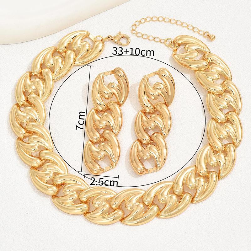 2PCS Set Big Cuban Chain Earring Necklace Set Gold Color Chunky Chain Collares Vintage Choker Drop Earring Jewelry Set