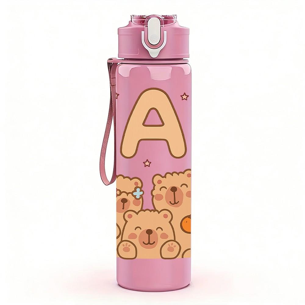 1PC Letter A Bear Couple Print 750ml Color Plastic Sports Water Bottle Leakproof Flip Straw Lid Suitable for Sports Office Home Use