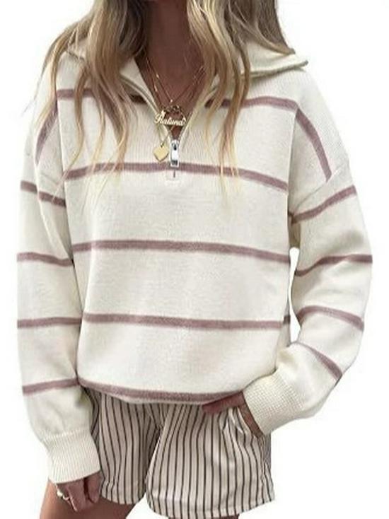 2026 Fall/Winter Women's Striped Zipper Sweater - Loose European and American Fashion Knit Pullover