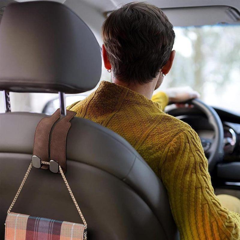 2 Pcs Car Headrest Hooks, 360° Rotating Leather Car Seat Hook Easy to tall Car Purse Holder Multifunctional Car Seat Hangers