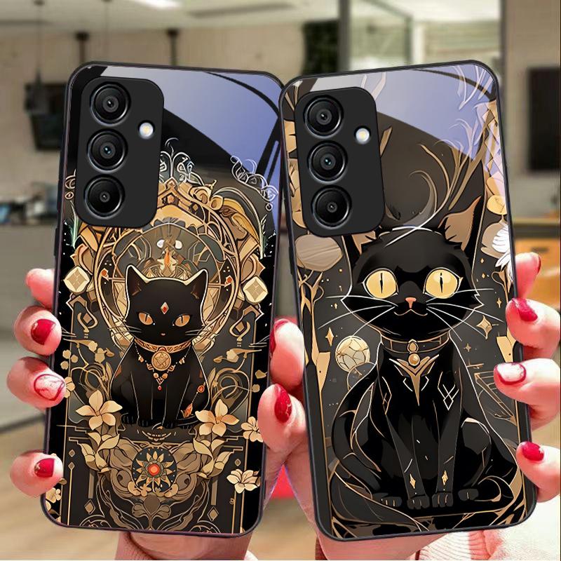 Black Gold Cat For Samsung Galaxy A15 5G 54 4G 51 50 24 35 90 71 12 51 53 52S 80 22 34 Black Tempered Glass Phone Case