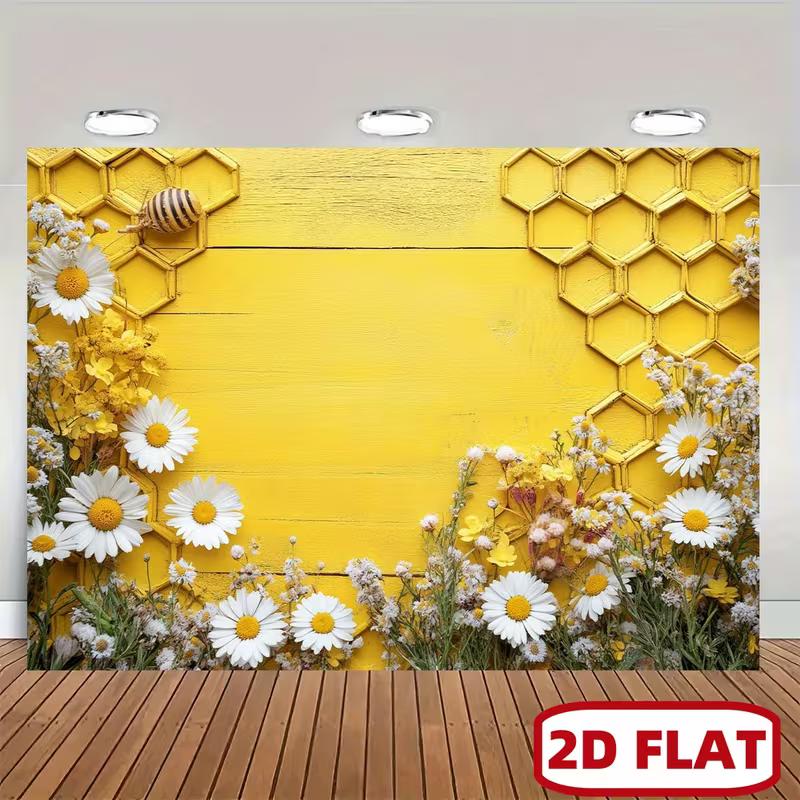 2D Bienen- und Gänseblümchen-Hintergrund, Waben- und Gelbholz-Party-Hintergrund